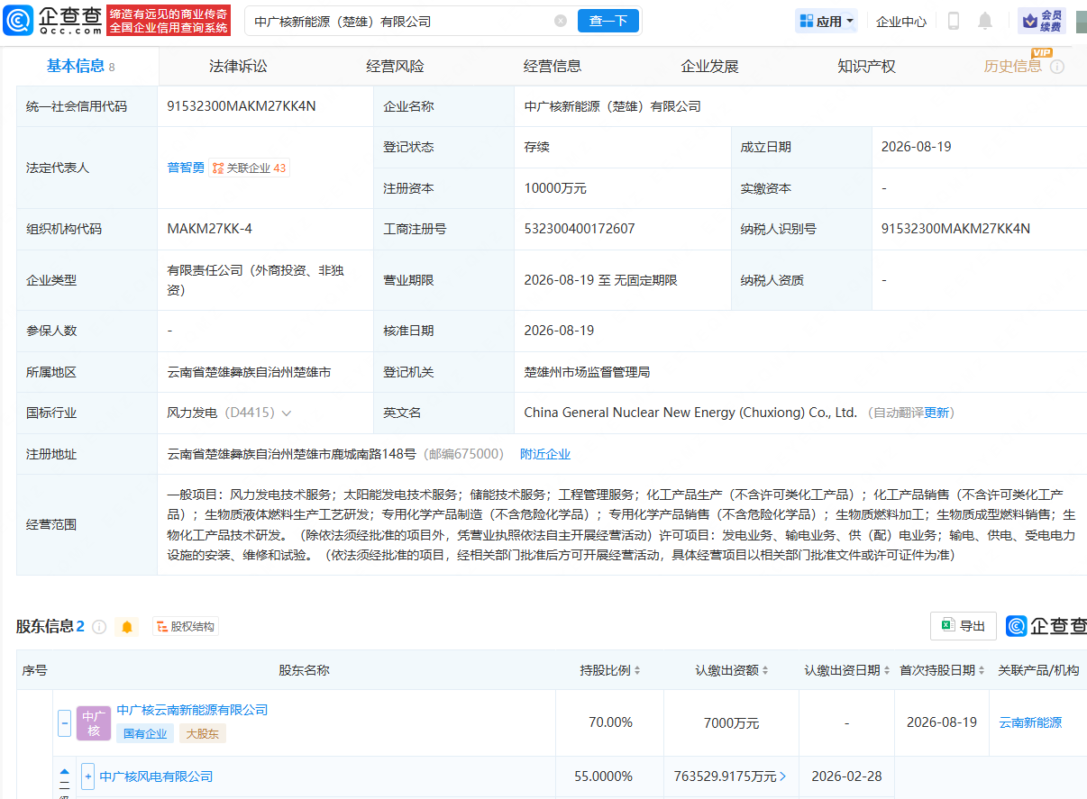 中广核风电等在云南楚雄成立新能源公司，注册资本1亿元
