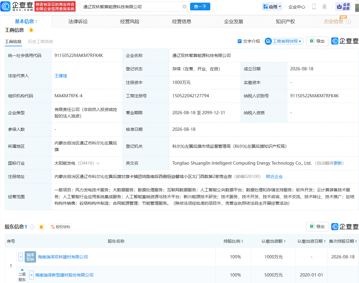 海南瑞泽成立智算能源科技公司