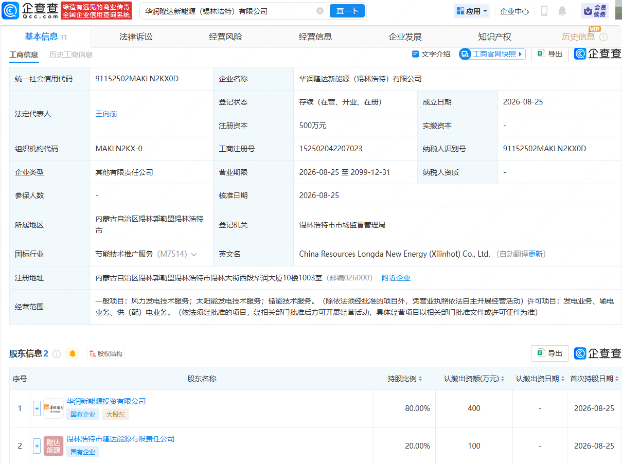华润新能源、锡林浩特国资成立新能源公司