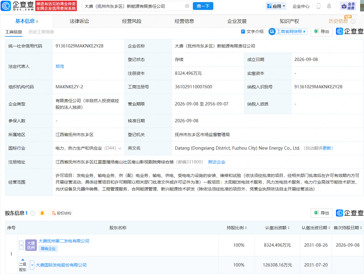 大唐发电在江西抚州成立新能源公司，含风力发电相关业务